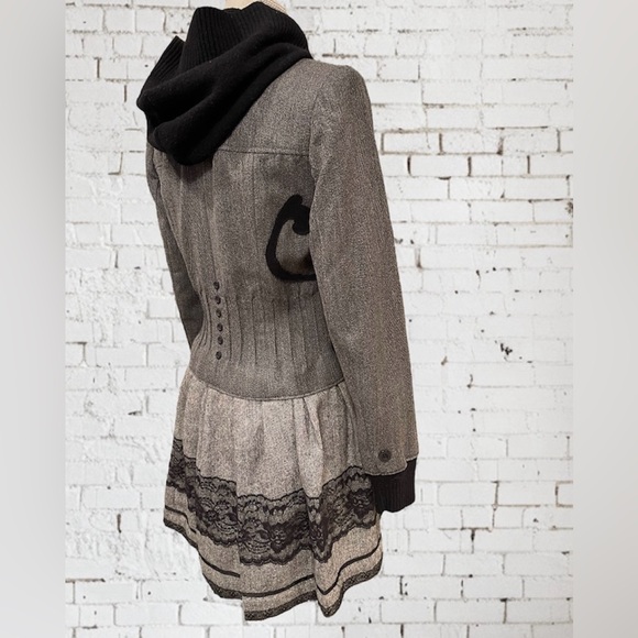 100% Wool Gray Black Lace with Hoodie Pleated Jacket Pea Coat Double Breasted - Picture 6 of 10